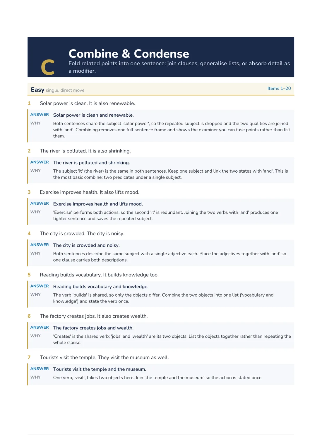 Inside the CAPS Drill Set: the Combine & Condense technique banner and Easy items 1 to 7, each with its model answer and a why explanation