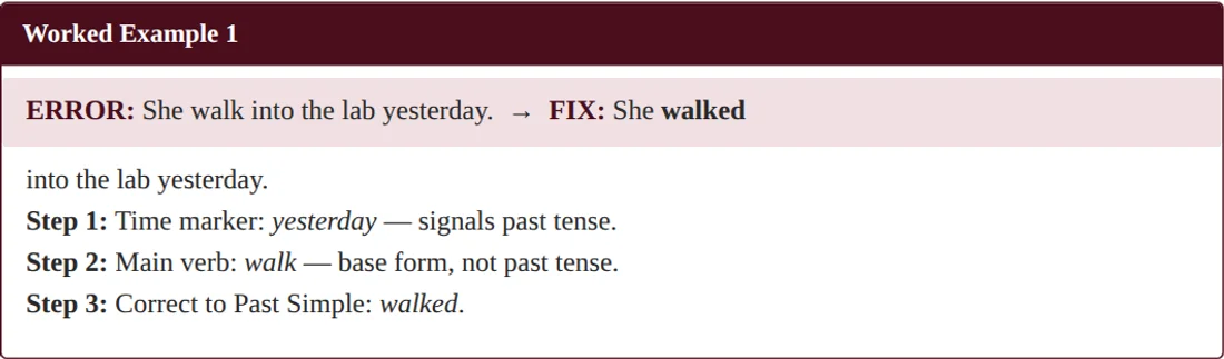 A worked example box from the editing notes: the error sentence and its fix, followed by the three-step reasoning