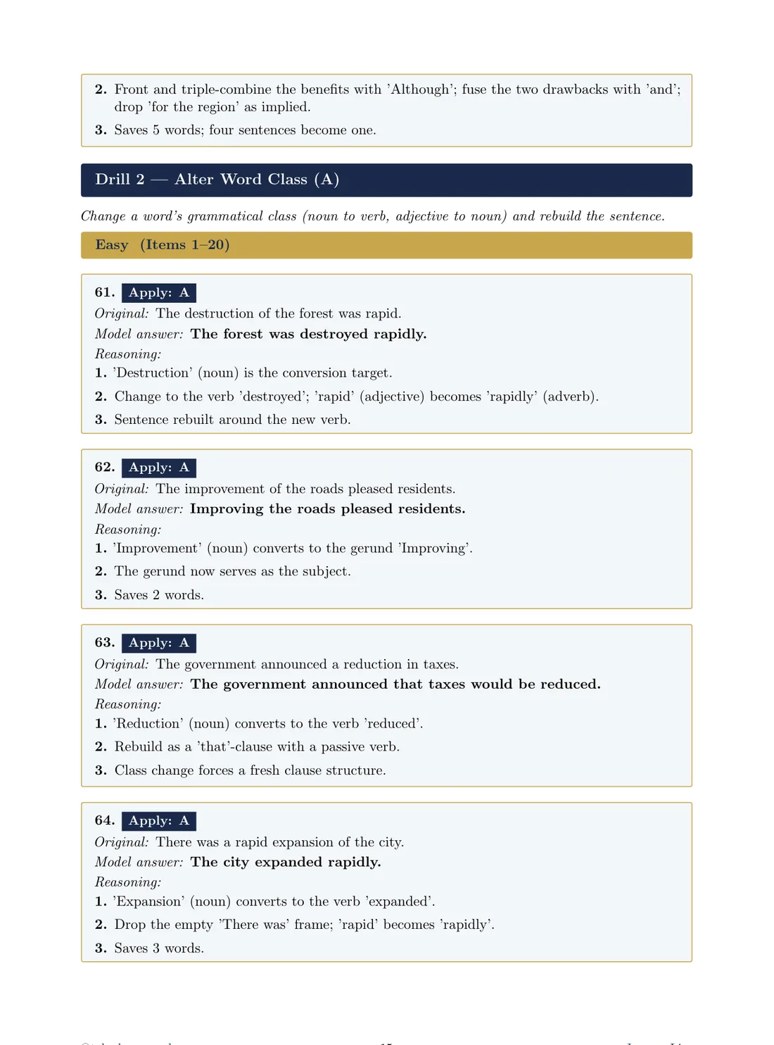The Drill 2 Alter Word Class opener page: change a word's grammatical class and rebuild the sentence, with four annotated worked items