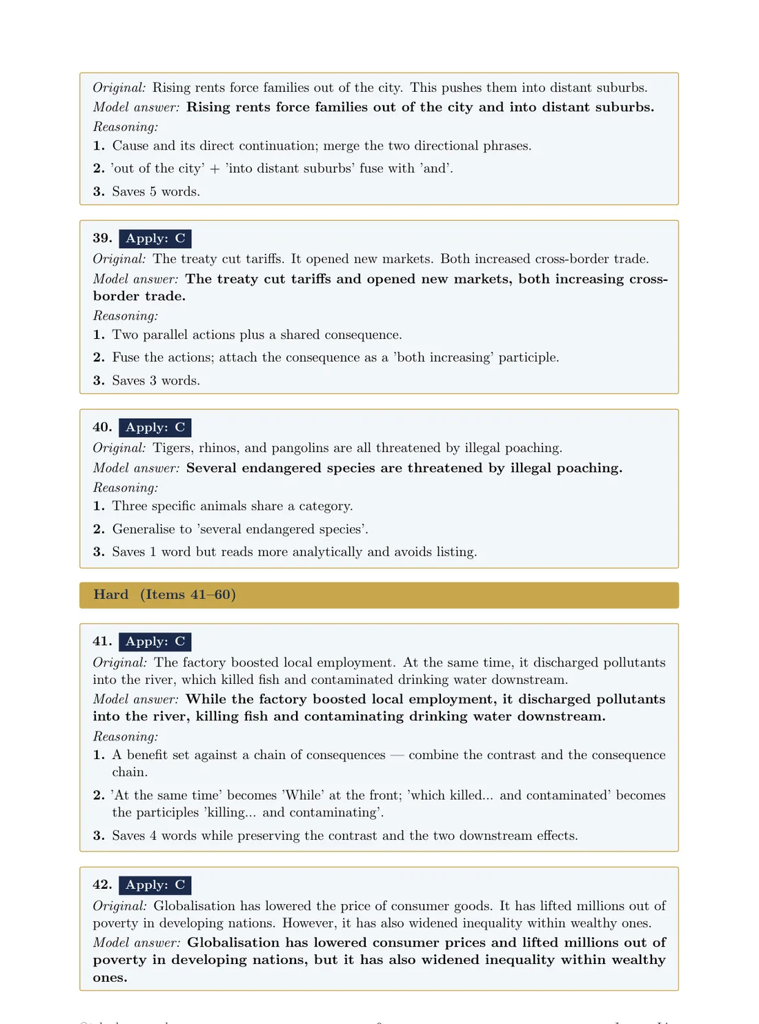 A page of CAPS drills showing original sentences, bolded model answers, and numbered line-by-line reasoning under each answer