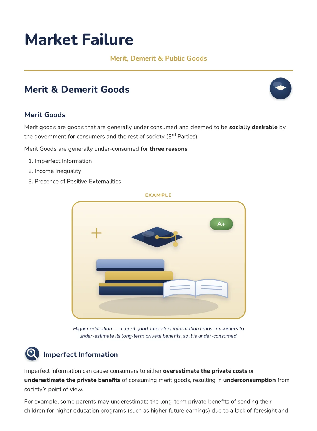 A-Worthy H2 Economics topic notes cover page: Market Failure — Merit, Demerit & Public Goods, with the Merit Goods section and a worked education example