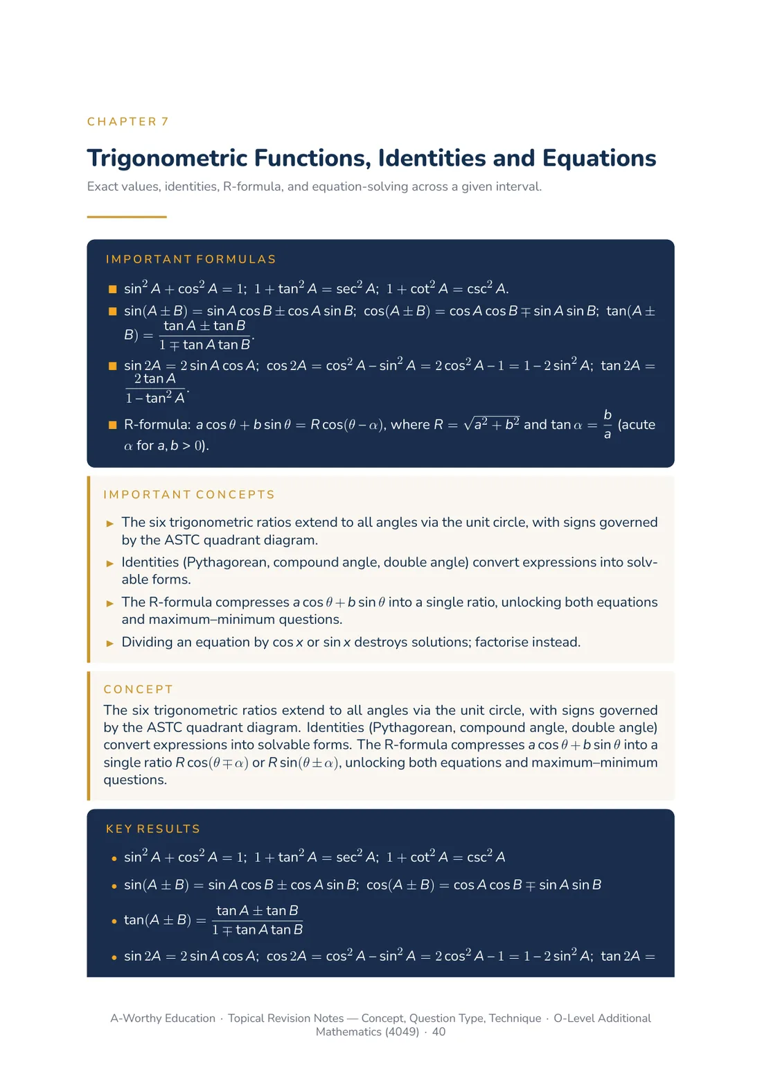 The Chapter 7 Trigonometric Functions opener: the formula bank with Pythagorean identities, compound and double angle formulas and the R-formula, plus the concepts panel warning that dividing by cos x destroys solutions