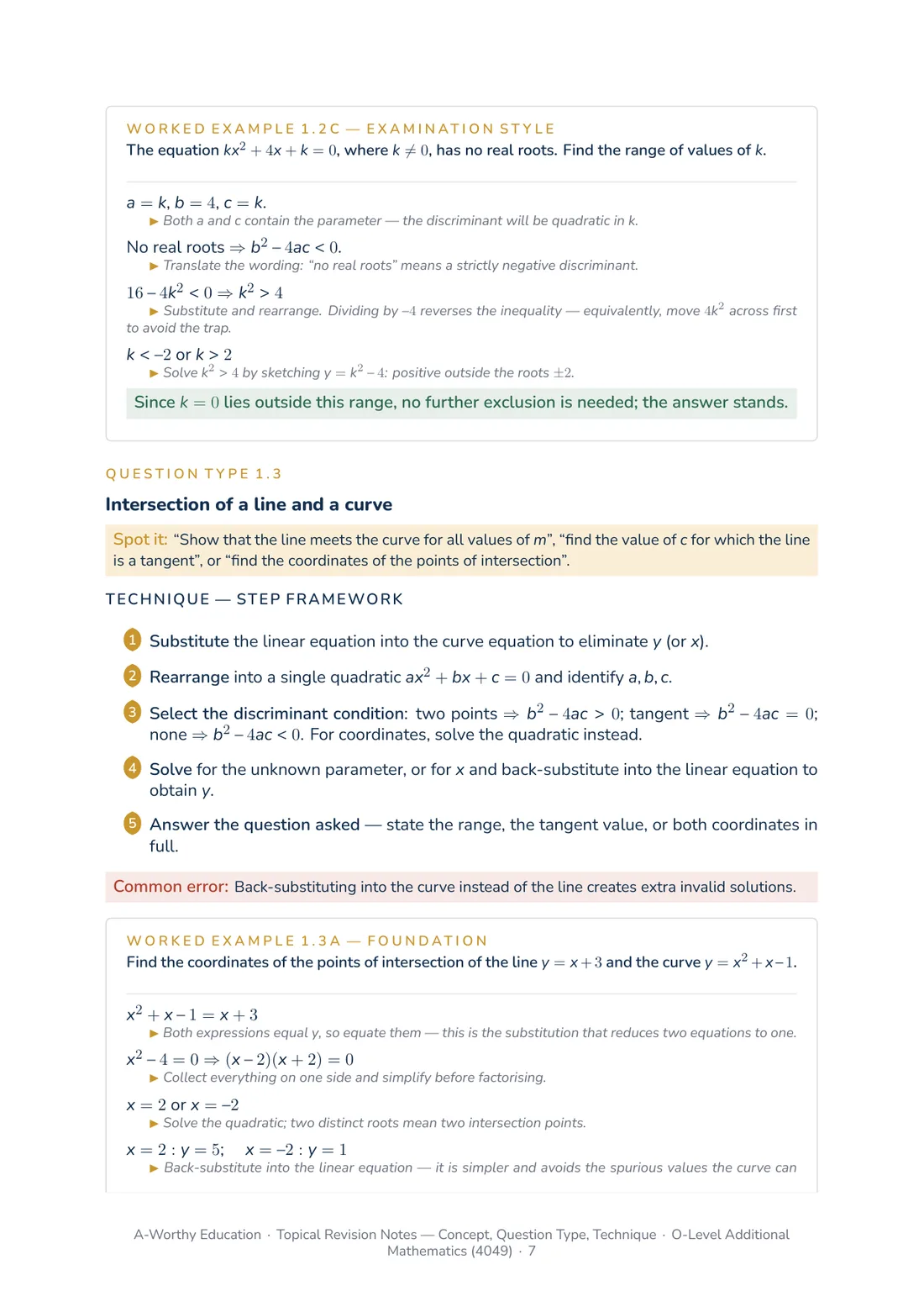 An examination-style worked example on discriminants where both coefficients contain the parameter k, solved line by line with annotations explaining each move, plus a Common Error callout warning against back-substituting into the curve