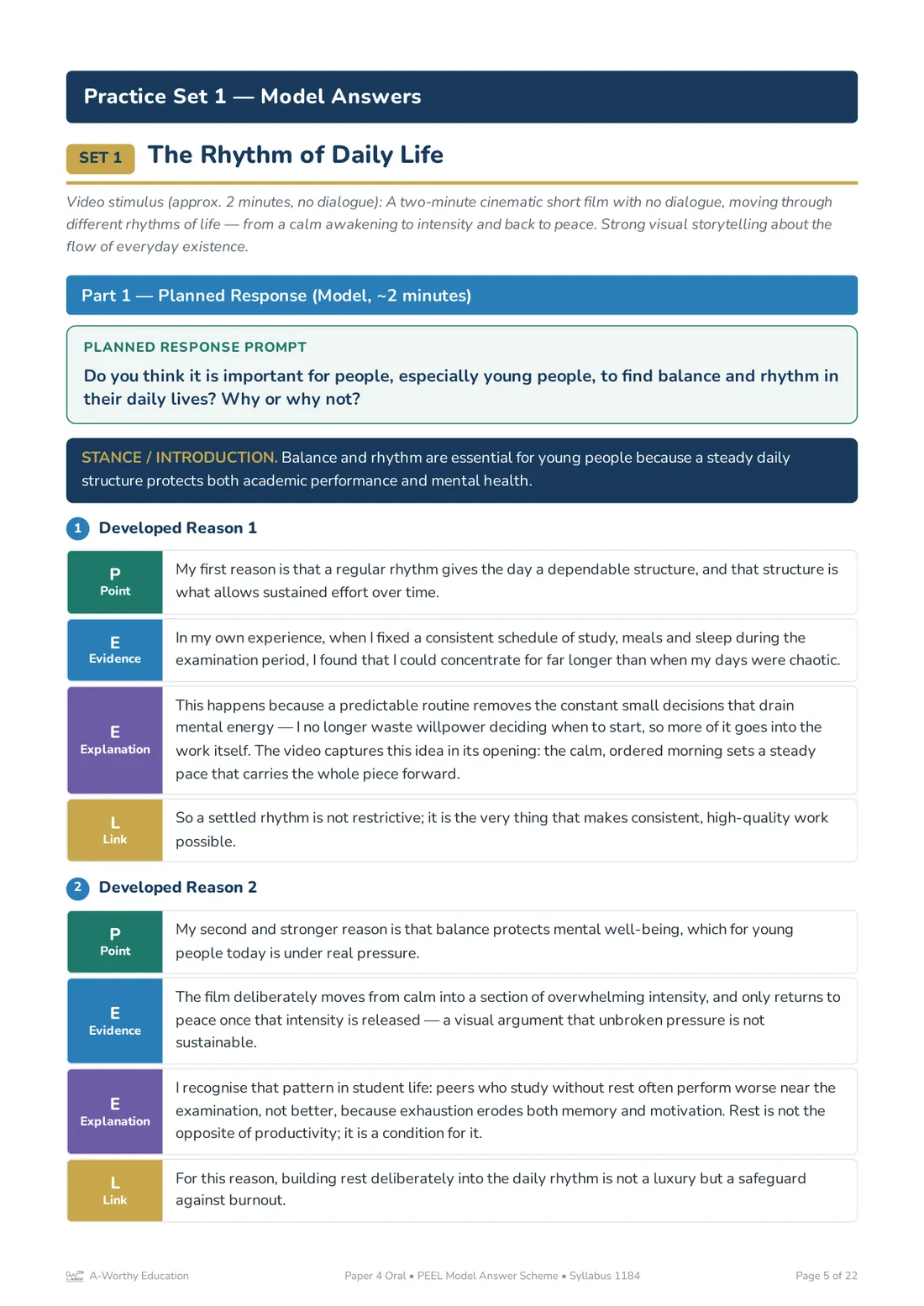A page from Practice Set 1, The Rhythm of Daily Life: the Part 1 Planned Response model with the stance banner and two developed reasons, each broken into colour-coded Point, Evidence, Explanation and Link rows